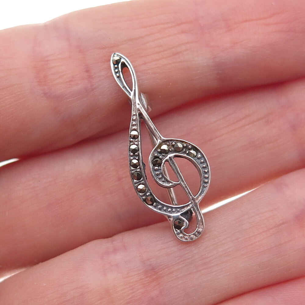 Joseph Schmid 925 Sterling Silver Vintage Real Marcasite Treble Clef Pin Brooch